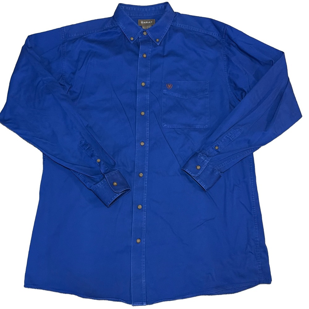 Ariat Men XLT Blue Solid Twill Long Sleeve Shirt Logo Rodeo Work Embroidered